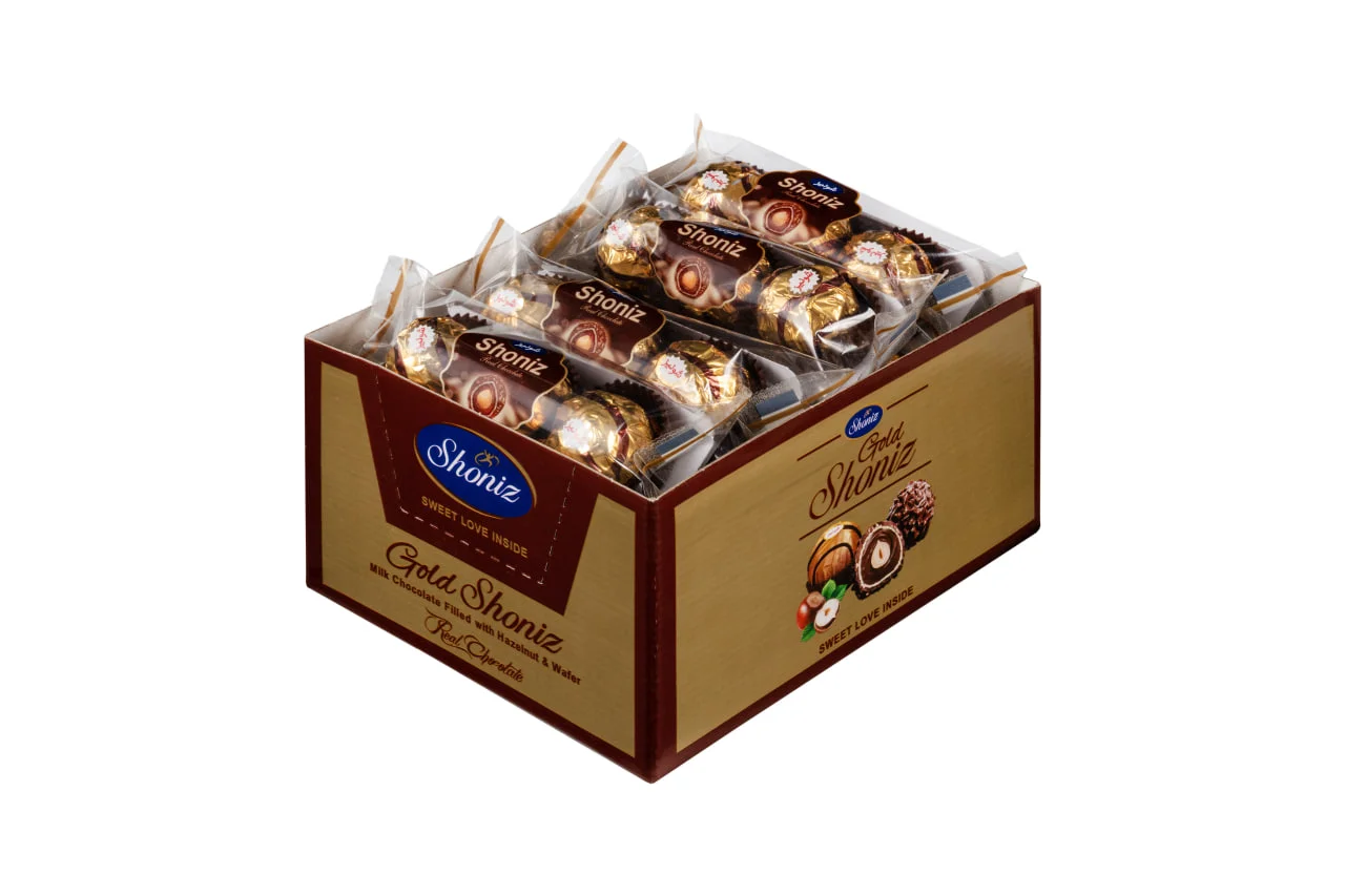 شونیز طلایی - شکلات شیری با مغز فندق و ویفر (12 بسته  3 عددی)